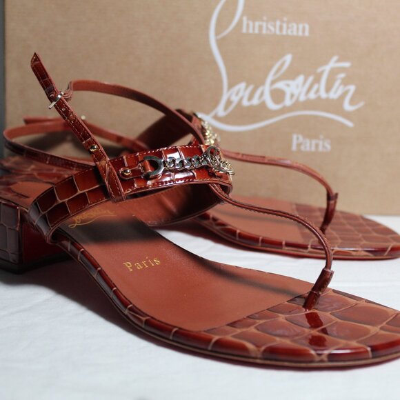 NWOB Christian Louboutin Logo CL Croc Brown Thong MJ Sandals Red Bottom 38.5 - Picture 3 of 9